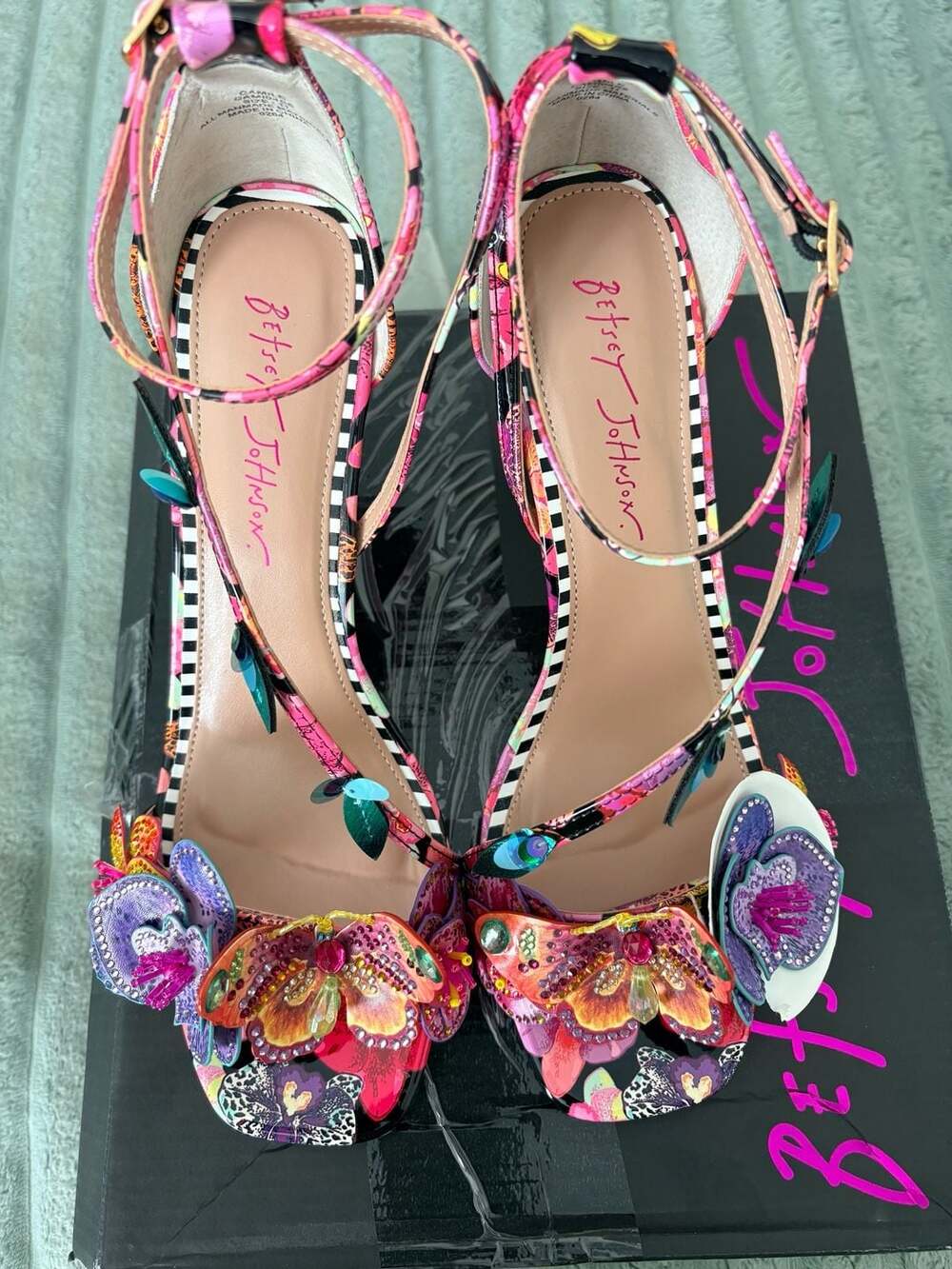 Betsey Johnson Camile Size 11 Black Multi Floral Butterfly Heel
